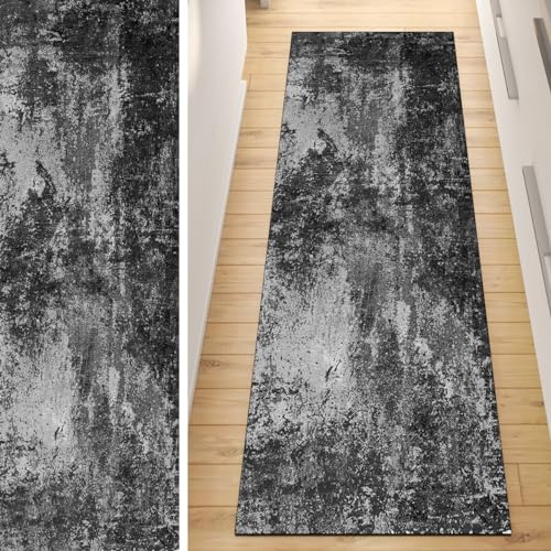 QQrunner Läufer Flur Küche Teppich rutschfest Schwarz Grau 120x300CM Lang Kücheläufer Waschbar Meterware Abstrakt Teppichmatten Korridor Polyester Wohnzimmer Schlafzimmer von QQrunner