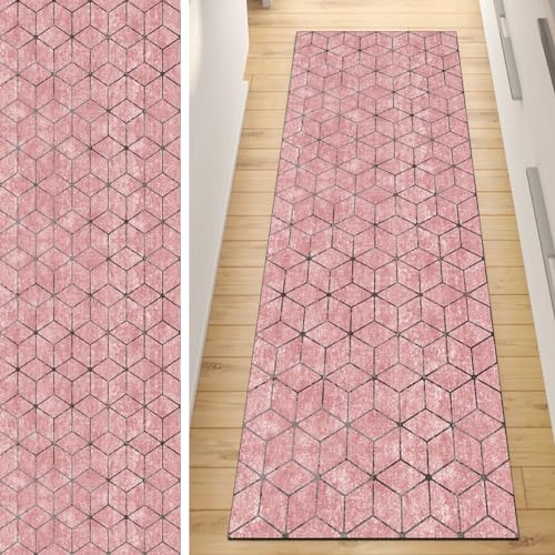 QQrunner Läufer Flur Küche rutschfest Teppich Geometrisch 100x350CM Teppichläufer Lang Rosa Kücheläufer Waschbar Meterware Korridor Polyester Wohnzimmer Schlafzimmer von QQrunner