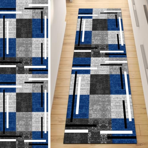 QQrunner Läufer Flur Küche rutschfest Teppich Patchwork 60x100CM Teppichläufer Lang Grau Blau Kücheläufer Waschbar Meterware Korridor Polyester Wohnzimmer Schlafzimmer von QQrunner