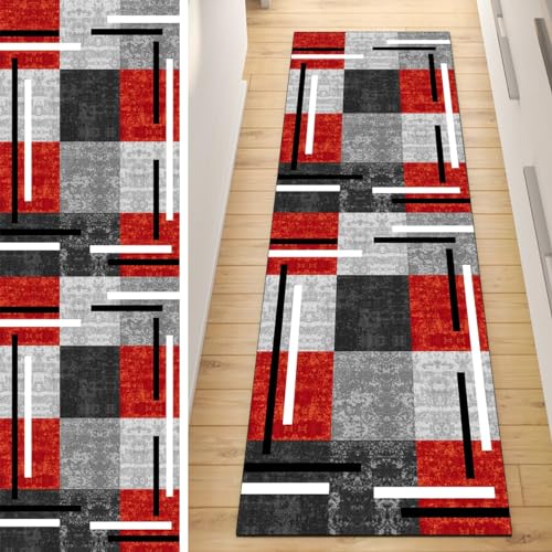 QQrunner Läufer Flur Küche rutschfest Teppich Patchwork 60x110CM Teppichläufer Lang Grau Rot Kücheläufer Waschbar Meterware Korridor Polyester Wohnzimmer Schlafzimmer von QQrunner