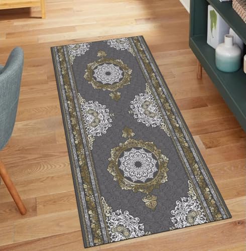 QQrunner Läufer Flur Lang Vintage Waschbar Grau 120x750CM Kücheteppich rutschfest Teppichläufer Meterware Lang Korridor Polyester Wohnzimmer Schmutzfangmatte von QQrunner