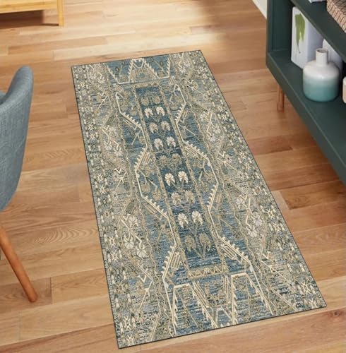 QQrunner Läufer Flur Meterware Waschbar Vintage Grau Grün 80x160CM Kücheteppich rutschfest Teppichläufer Lang Korridor Polyester Wohnzimmer Schmutzfangmatte von QQrunner