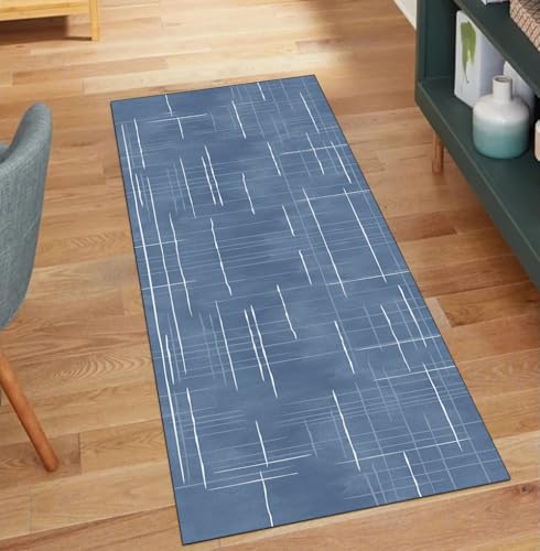QQrunner Läufer Flur Teppich Waschbar, Abstrakt rutschfest 90x750CM Teppichläufer Küchenteppich Meterware Lang Blau Korridor Kücheläufer von QQrunner