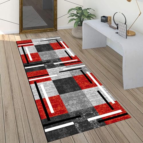 QQrunner Läufer Flur Teppich rutschfest Grau Rot 50x100CM Küchenteppich Vintage Waschbar Meterware Schlafzimmer Korridor Teppich Lang, Länge Anpassbare, 40-120cm Breit von QQrunner