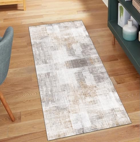 QQrunner Läufer Flur rutschfest Teppich 40x250CM Abstrakt Teppichläufer Küchenteppich Lang Waschbar Grau Beige Meterware Korridor Kücheläufer von QQrunner