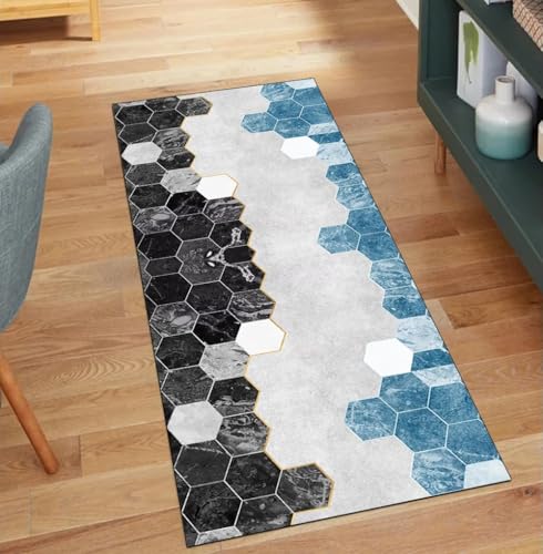 QQrunner Läufer Flur rutschfest Waschbar, Blau Grau Schwarz 40x200CM Teppich Läufer Flur Lang Meterware Geometrisch Teppichläufer Korridor Polyester Wohnzimmer Schmutzfangmatte von QQrunner