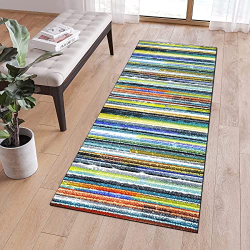 QQrunner Läufer Lang Flur rutschfest Teppich Küche 70x140cm Gestreift Bunt Teppichläufer Waschbar Meterware Lang Küchenteppich Schlafzimmer Korridor, Anpassbare Größe, 40-120cm Breit von QQrunner