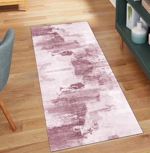 QQrunner Läufer Teppich Abstrakt rutschfest Waschbar 110x650CM Teppichläufer Küchenteppich Meterware Lang Rosa Korridor Kücheläufer von QQrunner