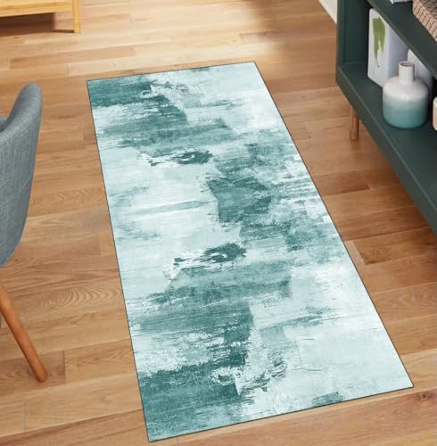 QQrunner Läufer Teppich Abstrakt rutschfest Waschbar 70x500CM Abstract Teppichläufer Küchenteppich rutschfest Lang Waschbar Cyan Korridor Kücheläufer von QQrunner