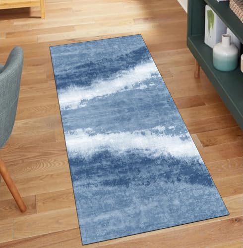 QQrunner Läufer Teppich Flur Waschbar rutschfest Abstrakt 80x280CM Teppichläufer Küchenteppich Meterware Lang Blau Korridor Kücheläufer von QQrunner