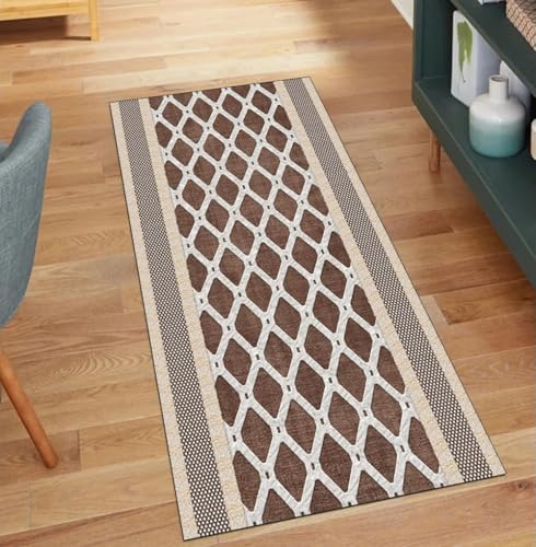 QQrunner Läufer Teppich Waschbar Vintage Braun 60x900CM Kücheteppich rutschfest Teppichläufer Meterware Lang Korridor Polyester Wohnzimmer Schmutzfangmatte von QQrunner