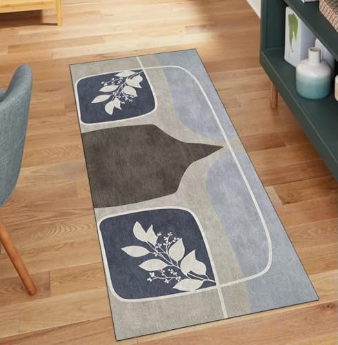 QQrunner Läufer Teppich Waschbar rutschfest Grau Blau 70x280CM Teppich Läufer Flur Meterware Lang Blattmuster Küchenläufer Korridor Polyester Wohnzimmer Schmutzfangmatte von QQrunner