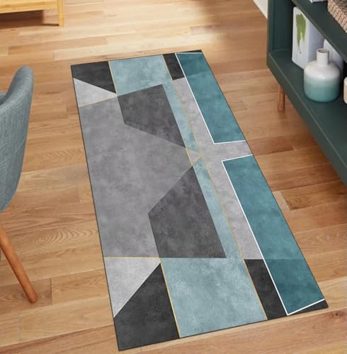 QQrunner Läufer Waschbar Küche rutschfest Grau Cyan, 50x300CM Teppich Läufer Flur Lang Meterware Patchwork Teppichläufer Korridor Polyester Wohnzimmer Schmutzfangmatte von QQrunner