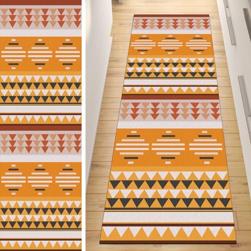 QQrunner Läufer rutschfest Küche 70x100CM Orange Teppich Flur Lang Geometrisch Kücheläufer Waschbar Meterware Korridor Polyester Wohnzimmer Schlafzimmer von QQrunner