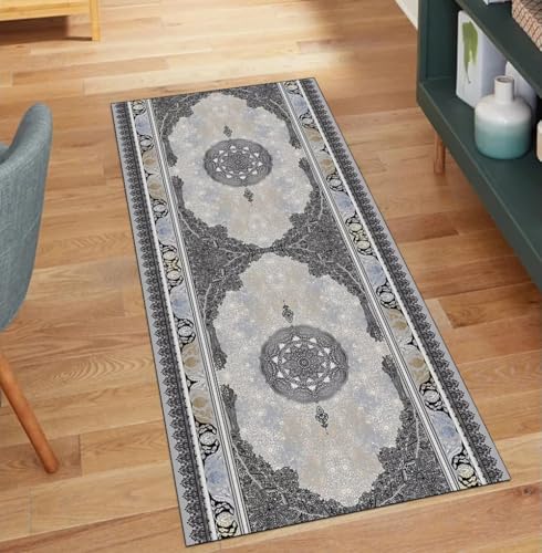 QQrunner Läuferflur Teppich Waschbar Vintage Grau 60x110CM Kücheteppich rutschfest Teppichläufer Meterware Lang Korridor Polyester Wohnzimmer Schmutzfangmatte von QQrunner