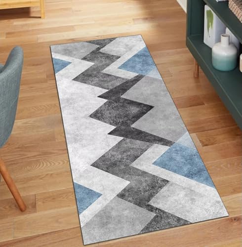 QQrunner Läuferteppich Waschbar rutschfest Grau Blau 50x650CM Teppich Läufer Flur Meterware Lang Modern Küchenläufer Korridor Polyester Wohnzimmer Schmutzfangmatte von QQrunner