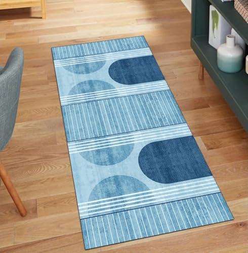 QQrunner Modern Teppich Läufer Flur Waschbar, rutschfest 100x1400CM Teppichläufer Küchenteppich Meterware Lang Blau Korridor Kücheläufer von QQrunner