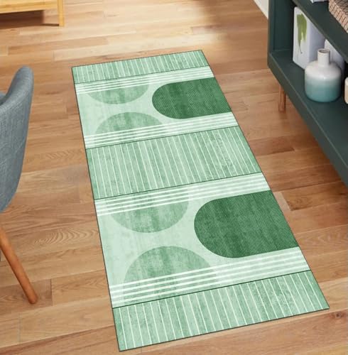 QQrunner Modern Teppich Läufer Flur Waschbar, rutschfest 110x1400CM Teppichläufer Küchenteppich Meterware Lang Grün Korridor Kücheläufer von QQrunner