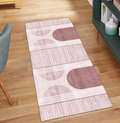QQrunner Modern Teppich Läufer Flur Waschbar, rutschfest 80x950CM Teppichläufer Küchenteppich Meterware Lang Rosa Korridor Kücheläufer von QQrunner