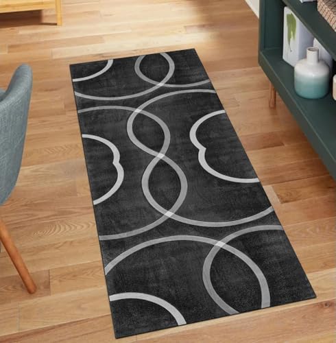 QQrunner Modern Teppich Läufer Flur rutschfest Waschbar 80x950CM Teppichläufer Küchenteppich Meterware Lang Schwarz Kücheläufer Korridor Polyester Wohnzimmer Schlafzimmer von QQrunner
