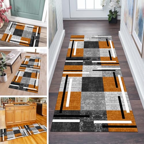 QQrunner Patchwork Läufer Flur Küche Teppich rutschfest 50x100CM Küchenteppich Grau Orange Waschbar Meterware Schlafzimmer Korridor Teppichläufer Lang, Länge Anpassbare, 40-120cm Breit von QQrunner