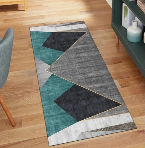 QQrunner Patchwork Teppich Läufer Flur Waschbar rutschfest 110x950CM Abstract Teppichläufer Küchenteppich rutschfest Lang Waschbar Cyan Korridor Kücheläufer von QQrunner