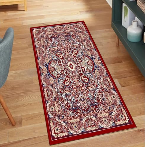 QQrunner Rot Teppich Läufer Flur Lang Vintage 80x150CM Kücheteppich rutschfest Waschbar Teppichläufer Meterware Korridor Polyester Wohnzimmer Schmutzfangmatte von QQrunner