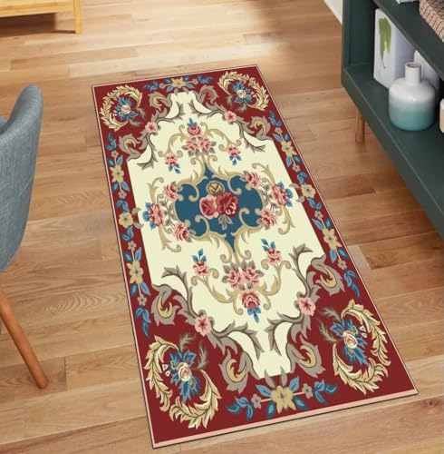 QQrunner Rot Teppich Läufer Flur Waschbar Vintage 110x950CM Teppichläufer rutschfest Meterware Kücheteppich Lang Korridor Polyester Wohnzimmer Schmutzfangmatte von QQrunner