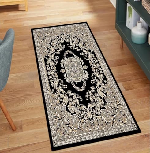 QQrunner Schwarz Teppichläufer Meterware Lang Vintage 70x110CM Kücheteppich rutschfest Waschbar Teppich Läufer Flur Korridor Polyester Wohnzimmer Schmutzfangmatte von QQrunner