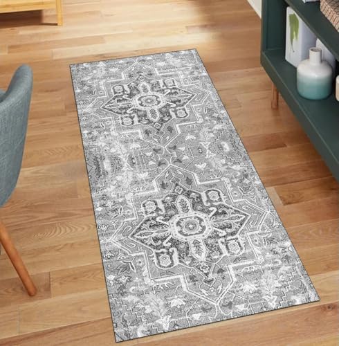 QQrunner Teppich Läufer Flur, Waschbar rutschfest Boho 100x200CM Teppichläufer Küchenteppich Meterware Lang Grau Korridor Kücheläufer von QQrunner