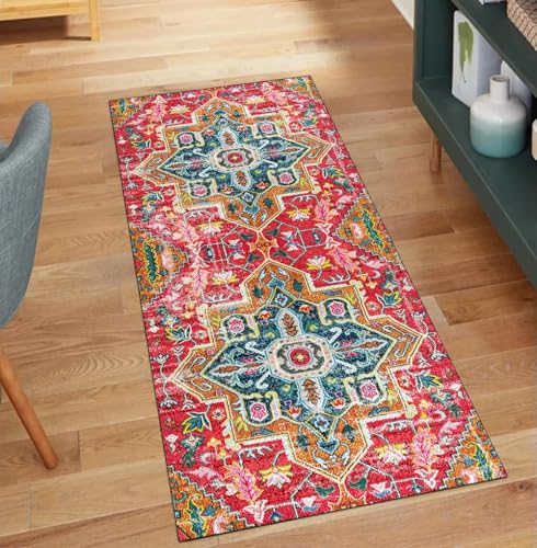 QQrunner Teppich Läufer Flur, Waschbar rutschfest Boho 120x1100CM Teppichläufer Küchenteppich Meterware Lang Rot Blau Korridor Kücheläufer von QQrunner