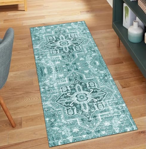 QQrunner Teppich Läufer Flur, Waschbar rutschfest Boho 120x1200CM Abstract Teppichläufer Küchenteppich rutschfest Lang Waschbar Cyan Korridor Kücheläufer von QQrunner