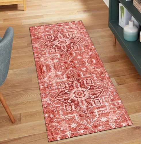 QQrunner Teppich Läufer Flur, Waschbar rutschfest Boho 120x1300CM Teppichläufer Küchenteppich Meterware Lang Rot Korridor Kücheläufer von QQrunner