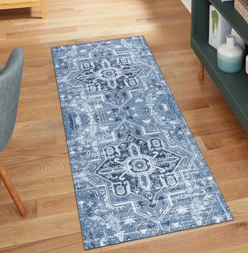 QQrunner Teppich Läufer Flur, Waschbar rutschfest Boho 50x250CM Teppichläufer Küchenteppich Meterware Lang Blau Korridor Kücheläufer von QQrunner