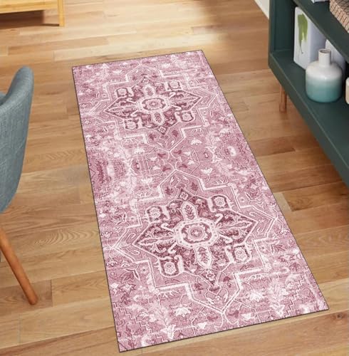 QQrunner Teppich Läufer Flur, Waschbar rutschfest Boho 60x250CM Teppichläufer Küchenteppich Meterware Lang Rosa Korridor Kücheläufer von QQrunner