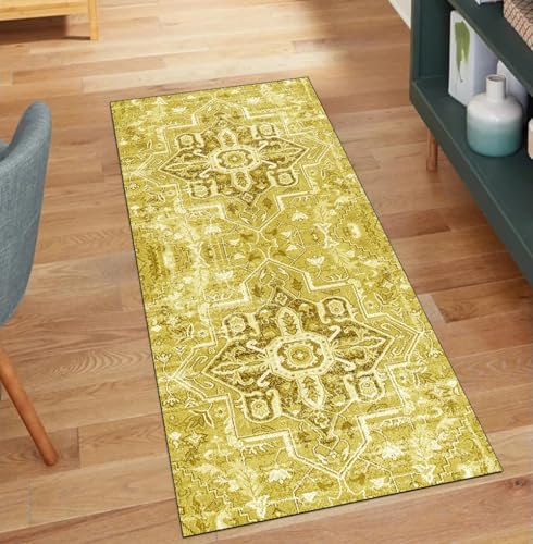 QQrunner Teppich Läufer Flur, Waschbar rutschfest Boho 70x750CM Teppichläufer Küchenteppich Meterware Lang Gelb Korridor Kücheläufer von QQrunner