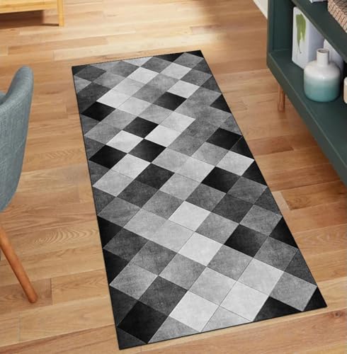 QQrunner Teppich Läufer Flur, Waschbar rutschfest Patchwork 50x300CM Teppichläufer Küchenteppich Meterware Lang Schwarz Kücheläufer Korridor Polyester Wohnzimmer Schlafzimmer von QQrunner