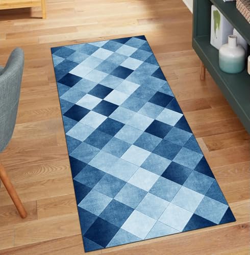 QQrunner Teppich Läufer Flur, Waschbar rutschfest Patchwork 80x700CM Teppichläufer Küchenteppich Meterware Lang Blau Korridor Kücheläufer von QQrunner