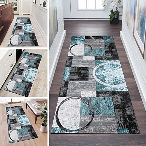 QQrunner Teppich Läufer Flur Blau Grau rutschfest Meterware 80x120cm Waschbar Küchenteppich Modern Schlafzimmer Korridor Teppichläufer Lang, Anpassbare Größe, 60-120cm Breit von QQrunner