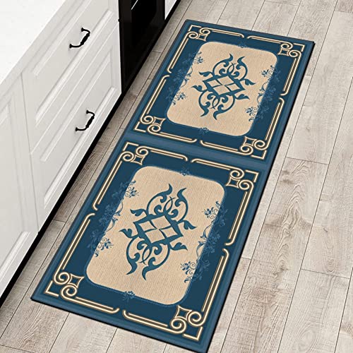 QQrunner Teppich Läufer Flur Küche rutschfest 80x100cm Kücheläufer Blau und Beige Chinesisch Meterware Teppichläufer Waschbar Lang Korridor Wohnzimmer Schlafzimmer 40-120cm Breit, Anpassbare Größe von QQrunner