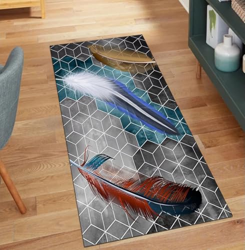 QQrunner Teppich Läufer Flur Lang Meterware Waschbar Federmuster Bunt 70x750CM Kücheteppich rutschfest Teppichläufer Korridor Polyester Wohnzimmer Schmutzfangmatte von QQrunner