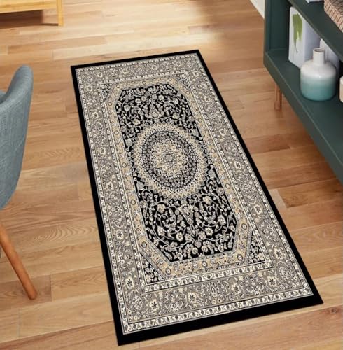QQrunner Teppich Läufer Flur Lang Schwarz Vintage 70x160CM Kücheteppich rutschfest Waschbar Teppichläufer Meterware Korridor Polyester Wohnzimmer Schmutzfangmatte von QQrunner