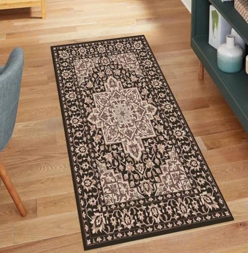 QQrunner Teppich Läufer Flur Lang Waschbar, Meterware Vintage Braun 80x600CM Kücheteppich rutschfest Teppichläufer Korridor Polyester Wohnzimmer Schmutzfangmatte von QQrunner