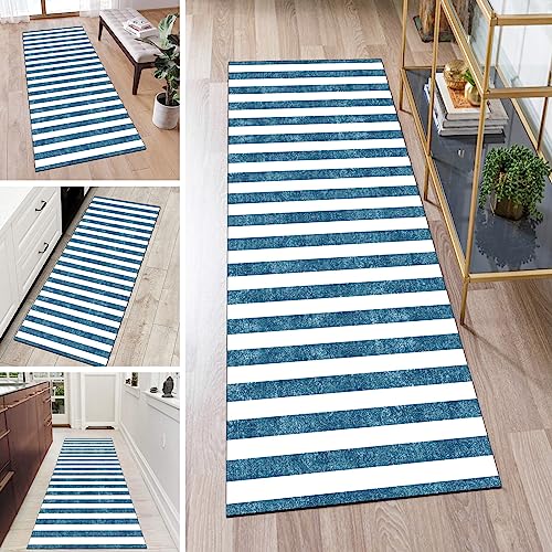 QQrunner Teppich Läufer Flur Lang rutschfest Kücheteppich Waschbar Blau 50x100cm Meterware Weiß Gestreift Teppichmatten Waschbar Korridor Wohnzimmer Schlafzimmer 40-120cm Breit, Anpassbare Größe von QQrunner