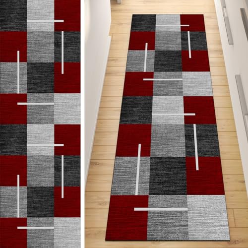 QQrunner Teppich Läufer Flur Lang rutschfest Kücheteppich Waschbar Rot Grau 120x400cm Meterware Patchwork Teppichmatten Waschbar Korridor Wohnzimmer Schlafzimmer 40-120cm Breit, Anpassbare Größe von QQrunner