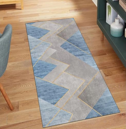 QQrunner Teppich Läufer Flur Meterware, rutschfest Grau Blau 60x280CM Teppichläufer Lang Waschbar Patchwork Küchenläufer Korridor Polyester Wohnzimmer Schmutzfangmatte von QQrunner