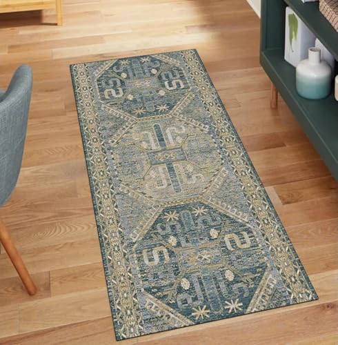 QQrunner Teppich Läufer Flur Meterware Waschbar Vintage Dunkel Grün 80x150CM Kücheteppich rutschfest Teppichläufer Lang Korridor Polyester Wohnzimmer Schmutzfangmatte von QQrunner