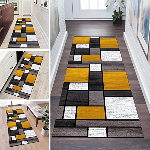 QQrunner Teppich Läufer Flur Meterware rutschfest Gelb Braun 70x140cm Waschbar Küchenteppich Patchwork Schlafzimmer Korridor Teppichläufer Lang, Anpassbare Größe, 60-120cm Breit von QQrunner