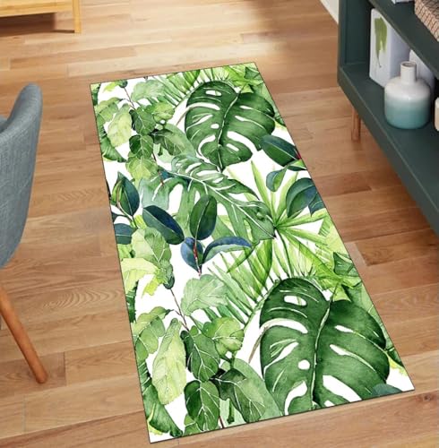 QQrunner Teppich Läufer Flur Meterware rutschfest Grün 50x150CM Teppichläufer Lang Waschbar Blattmuster Küchenläufer Korridor Polyester Wohnzimmer Schmutzfangmatte von QQrunner