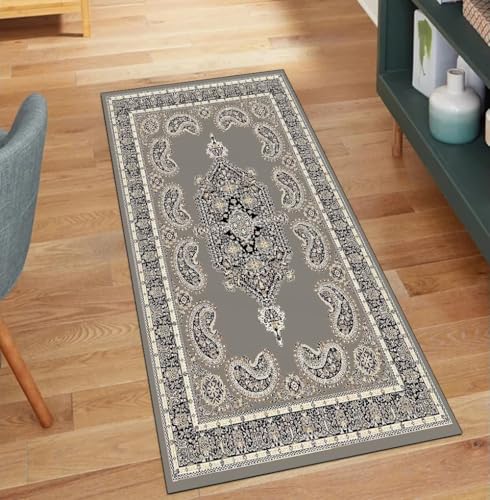 QQrunner Teppich Läufer Flur Waschbar, Lang Meterware Vintage Grau 50x150CM Kücheteppich rutschfest Teppichläufer Korridor Polyester Wohnzimmer Schmutzfangmatte von QQrunner